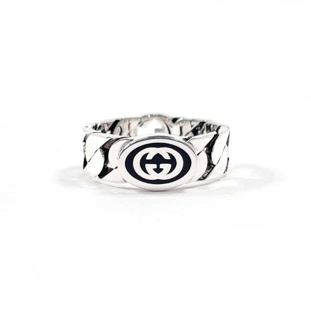 GUCCI Interlocking G Ring, Sterling Silver 925/Enamel, Size 12, Silver, Women's